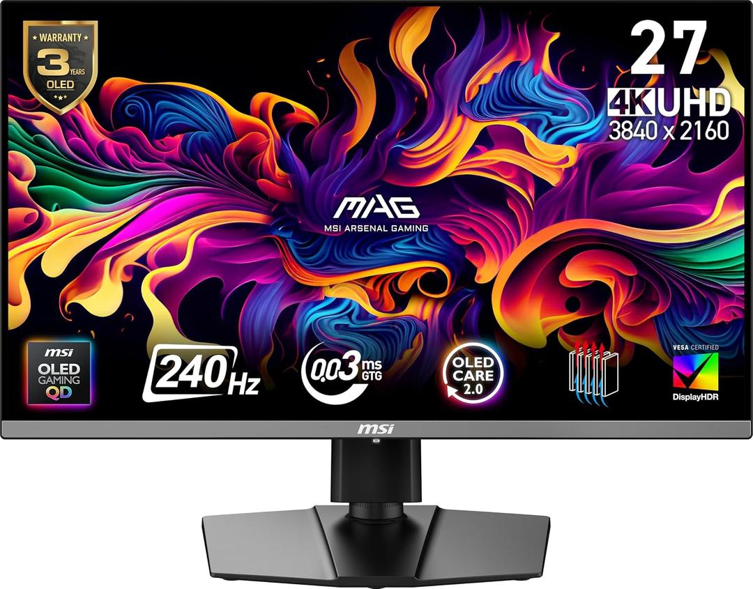 Msi MAG 272UP QD-OLED X24 27-Inch 4K UHD Gaming Monitor, 3840 x 2160, Quantum Dot OLED Panel, 240Hz, 0.03ms, DisplayHDR True Black 400, AMD FreeSync Premium Pro, USB C (15W PD), Frame-Less, Black