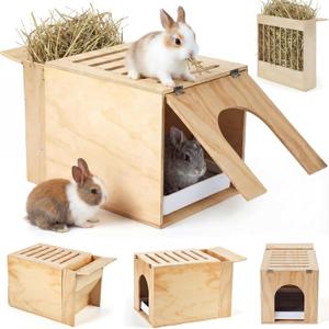 2 in 1 Extra Large 23 x 13.4 Inches Wooden Rabbit Litter Box with Hay Feeder Large Capacity Less Mess Rabbit Hay Feeder Litter Box Set for Rabbits, Bunny, Guinea Pig, Hamster, Small Animals