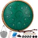 Steel Tongue Drum -15 Notes steel Drum - 14 Inch Tongue Drums Instrument, Hand Pan Drums with Music Book, Handpan Drum Mallets and Carry Bag, D Major Green