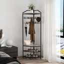 GiftGo Grey Corner Hall Tree with Shoe Bench Entryway Coat Rack with 10 Metal Movable Hooks Rustic Farmhouse Floorstanding Clothes Rack Shoes Shelf Organizer for Home Office Bedroom (Greige), 71.3" X 19.7" X 19.7"