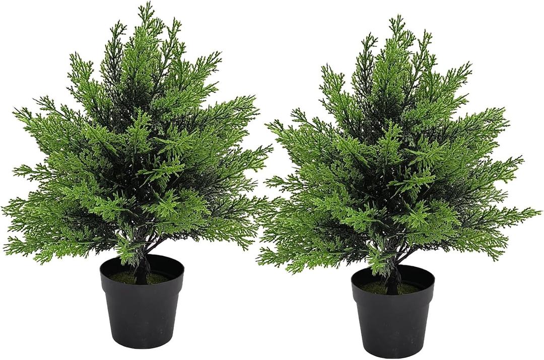 Artificial Potted Small Topiary Ball Tree, 16 Inch, Indoor Outdoor UV Resistant Small Bush Potted Artificial Plants for Porch Garden, Set of 2