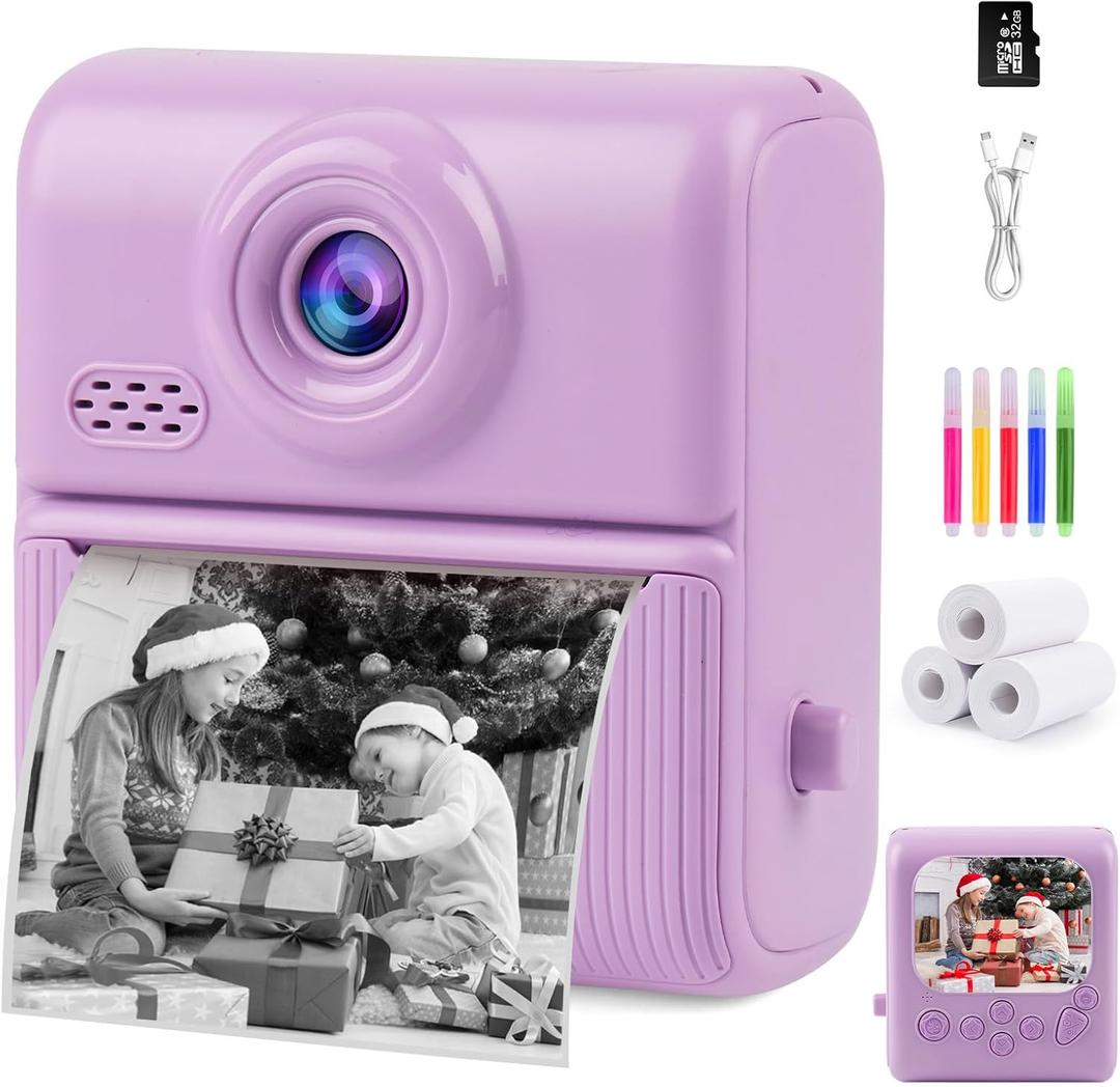 Kids Instant Print Camera,1080P Digital Camera for Kids with 32GB Card & 3 Rolls Printing Paper,4 6 7 8 9 10 Year Old Girls Boys Christmas Birthday Gifts, Instant Print Toys for Girls 6-8 8-10(Purple)