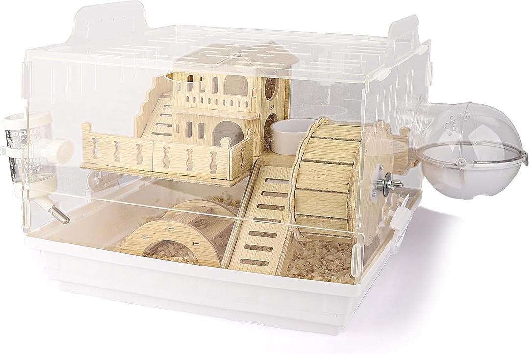 Cycodo 8 in 1 Acrylic Hamster Cage,2-Tier Dwarf Hamster Cage with Wooden Wheel & Hideout,Small Hamster Habitat with Accessories,Clear Pet Mice House(White,14" L*10" W*11" H)