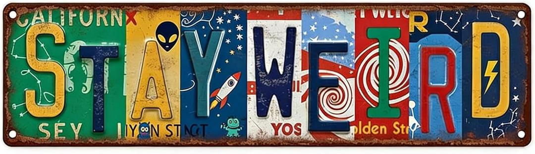 Stay Weird Home Decor Vintage Metal Street Signs Wall Art Signs for Room Weird Wall Decor for Bedroom Hanging Decorative Plaque for Home Farmhouse Bedroom Porch Fun Retro Sign for All Occasions