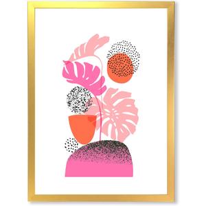 Geometric Moon & Sun Shapes with Tropical Leaves  Modern Framed Canvas Wall Art Print, Abstract Dcor, 36x36