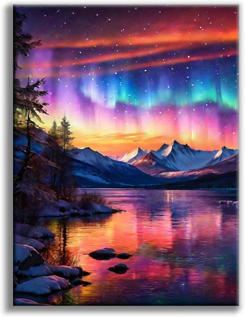 Offito Aurora Diamond Art Kits for Adults, 5D Starry Sky Lake Diamond Painting Kits for Beginners, Fantastic Landscapes DIY Full Drill Dots Gem Art Paint for Home Wall Decor 12 x 16 Inch (BLKJDP03)
