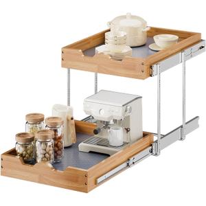 OCG 2 Tier Pull Out Cabinet Organizer (17"W x 21"D), Double Tier Slide out Wood Drawer Shelf, Pull Out Shelves for Base Cabinet Organization in Kitchen, Pantry, Bathroom (17W21D)