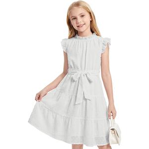 Cubear Girls Summer Dresses Ruffle Sleeve A-Line Swiss Dot Dress with Belt for Girls 8-9Years