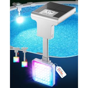 Solar Pool Light for Steel Wall Above Ground Pool Light,Submersible Pool Light with LCD Pool Thermometer,Underwater light for Pool Accessories,10 Light Modes Swimming Pool LED Lighting,1PC