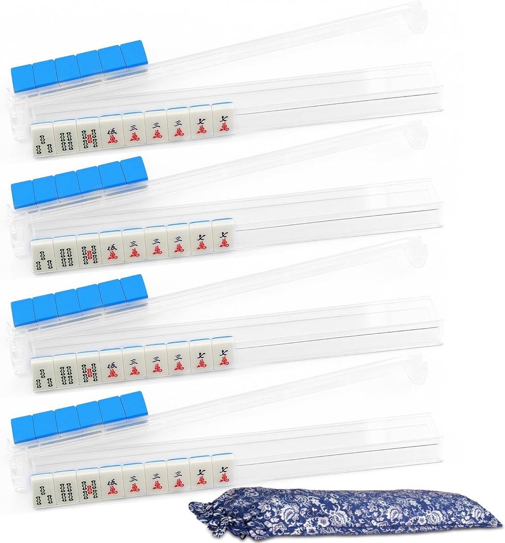 4 Pcs Mahjong Racks with Pushers & Storage Bags, Clear Acrylic All-in-One Mahjong Pushers and Racks, Modern American Mahjong Accessories with Line Finder (Transparent)