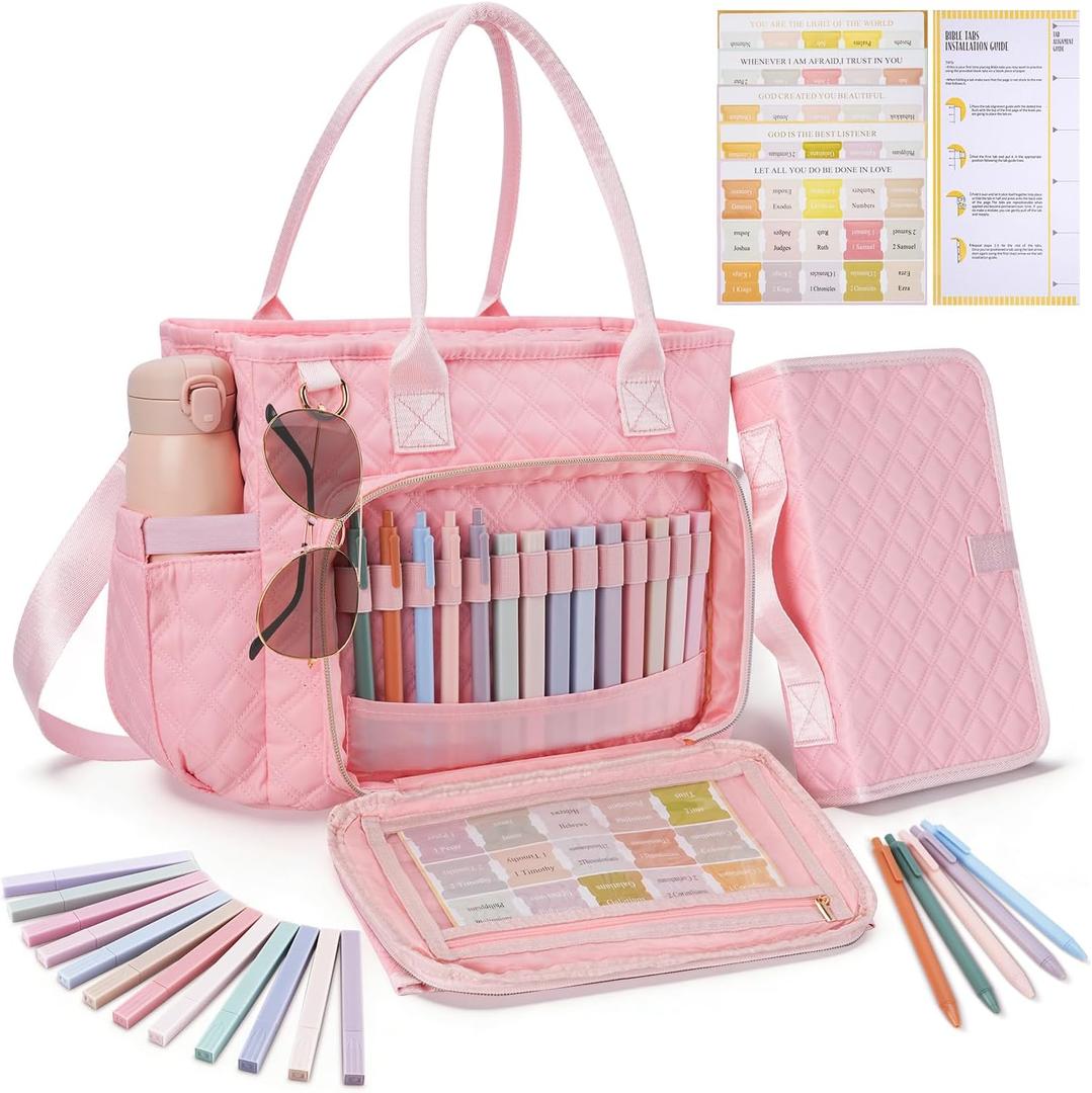 Large Bible Cover Case for Women, Quilted Church Tote Bag with Shoulder Strap, Bible Study Supplies Journaling Kit Bible Accessories, Christmas Christian Gift for Women (Pink)