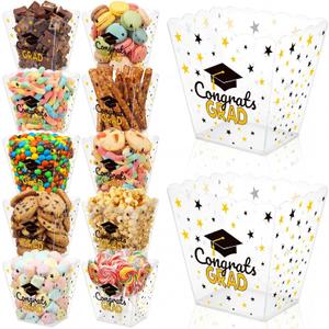 12 Pcs 2026 Graduation Candy Bar Party Supplies Graduation Gift Buckets Plastic Popcorn Box Buffet Bowls for Snack Buckets Black Gold Grad Supplies Congrats Grad Table Reusable Containers