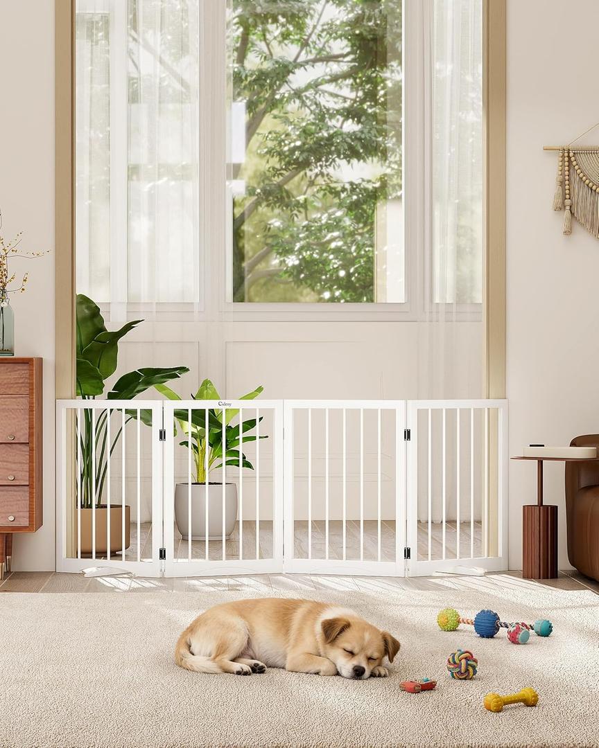 Free Standing Dog Gate Indoor, Foldable Dog Gate for Doorways Stairs Hallways,4-Panel Freestanding Pet Gate with Support Feet for Stability, Folding Puppy Gate Easy to Move, Doggy Gate 72"x24" (White)