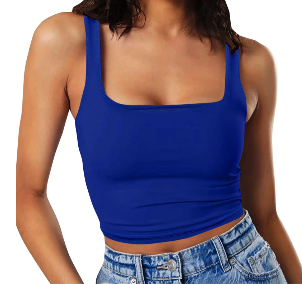 Womens Sleeveless Crop Tops Square Neck Double Layer Workout Fitness Basic Cropped Tank Top (Large, Blue)