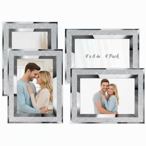 Queekay 4 Pack Glitter Picture Frame Silver 4 x 6 Inch Crystal Bling Mirror Picture Frame Wall Decor for Valentines Graduation Wedding Home Table
