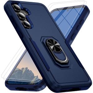 Phone Case for Samsung Galaxy S25 FE [15 FT Military-Grade Drop Protection] with 2X Tempered Glass Screen Protector, Heavy-Duty Shockproof Kickstand Phone Case (Dark Blue)