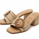 Heeled Sandals for Women Raffia Sandals 2025 Chunky Block Heels Square Open Toe Heels Double Strap Summer Dressy Shoes Slip On Size 6