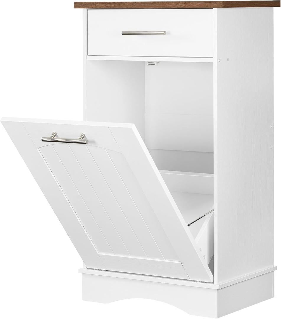HOOBRO 10 Gallon Tilt Out Trash Cabinet, Kitchen Trash Can,Trash Bin Storage, with Flip Door and Large Drawer, Hidden Laundry Hamper Cabinet, for Kitchen, Laundry, White and Walnut WH02LJ01, 20.5"L x 13.7"W x 35.8"H
