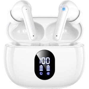 Wireless Earbuds, 2025 Ear Buds with Big Bass Stereo Sound, Lightweight Bluetooth Earbuds with 48 Hours Playtime, in-Ear Fit Earphones, IPX7, Hands-Free Calls with AI for iPhone, Android, Pad (White)