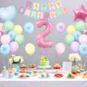 2nd Birthday Decoration for Girls,Easter Pastel Rainbow 2nd Balloon Number 2 Balloon Butterfly Stickers Star Heart Foil Balloons Banner for Baby 2 Year Old Party Decor