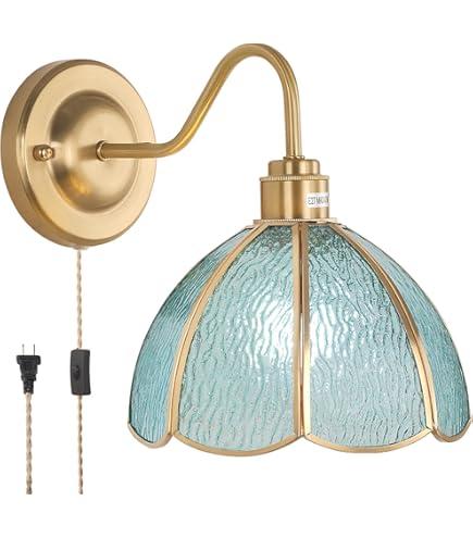 Shenmoyl Vintage Battery Operated Wall Sconce with Remote, Rechargeable LED Wall Lamp 3 Colors Dimmable, Brass Wall Lights Fixture for Bedroom Bathroom Living Room Hallway Blue Stone