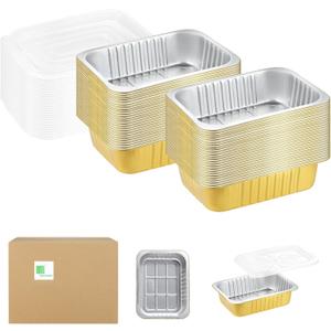 9"x 6.5" Sturdy Aluminum Foil Pans with Lids (50 Packs), 2X Thicker Heavy Duty for Oven Stove Grill Microwavable Cooking, Baking, Reusable Dishwasherable Disposable Foil Pan, 47oz