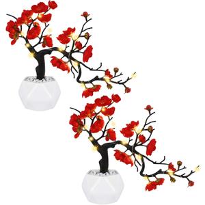 Dolicer 2 Pack Plum Blossom 2 string lights (without battery) Artificial Flowers Silk Blossoms with Ceramic Vase Double Branches Simulation Flower Blossom Potted Arrangement for Home Party Decor, Red