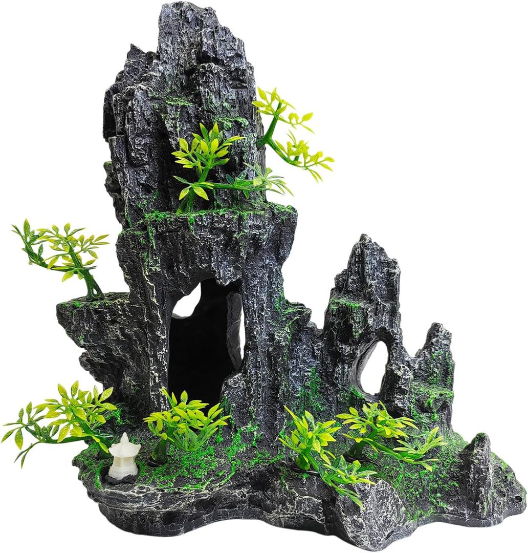 kathson Aquarium Mountain View Stone Resin Fish Tank Decoration Betta Hideout Caves Rockery Landscape Tree Aquarium Decorations Large Rock Hiding Cave Decor for Small Fish Shrimp Play Ornament (9.5L x 5.12W x 10.24H)