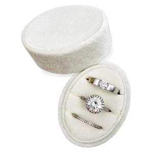 Oval Velvet Ring Box 3 Slots- Premium Wedding Ring Box Vintage Handmade Rings Holder Storage Display Jewelry Organizer Case for Wedding Ceremony, Christmas (Ivory) (Beige)