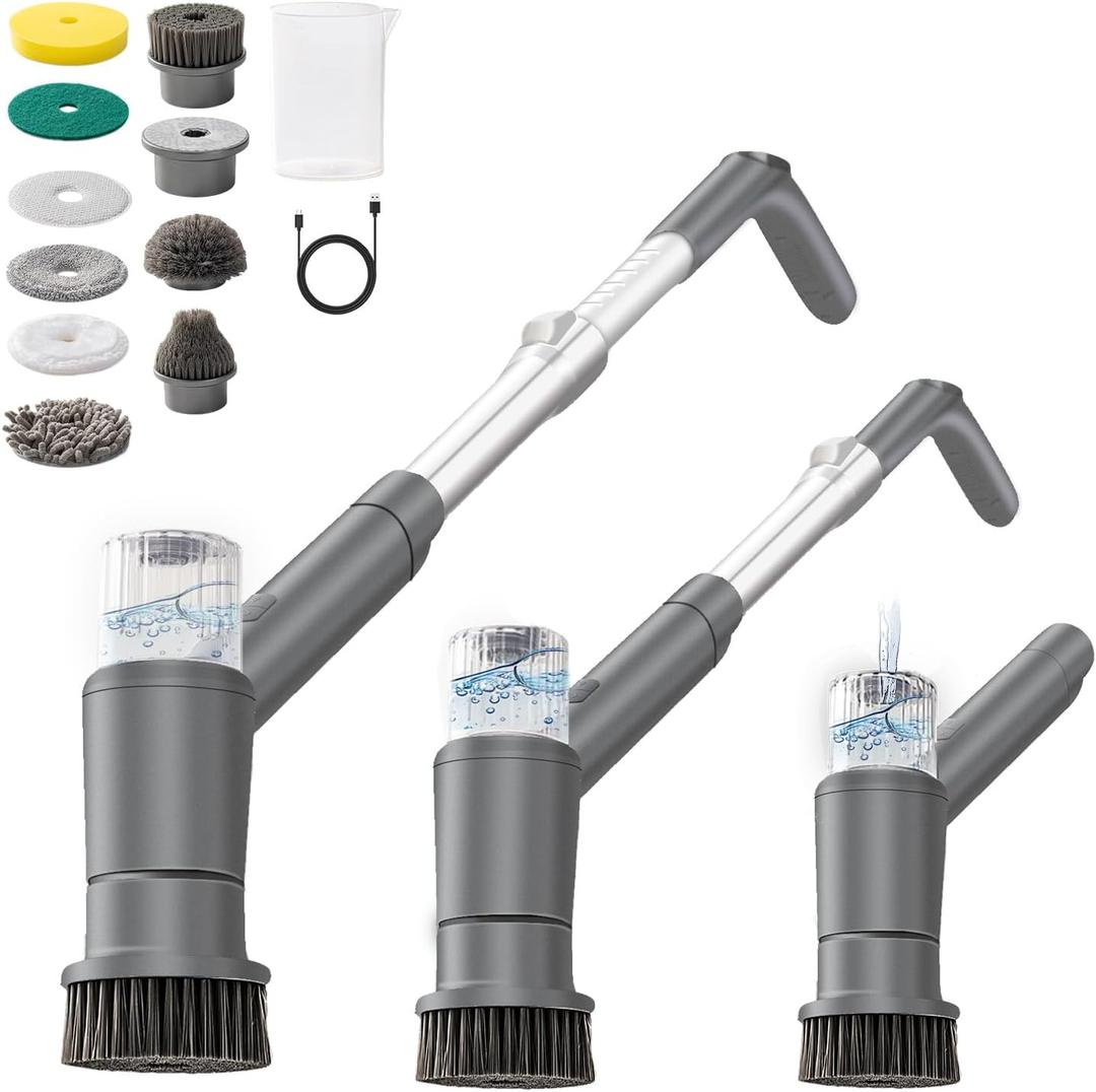 Electric Spin Scrubber,Spray with Foam Cordless Cleaning Brush, 2-Speed Shower Scrubber, Shower Cleaning Brush, Adjustable Removable Handle for Bathroom（Dark Grey）