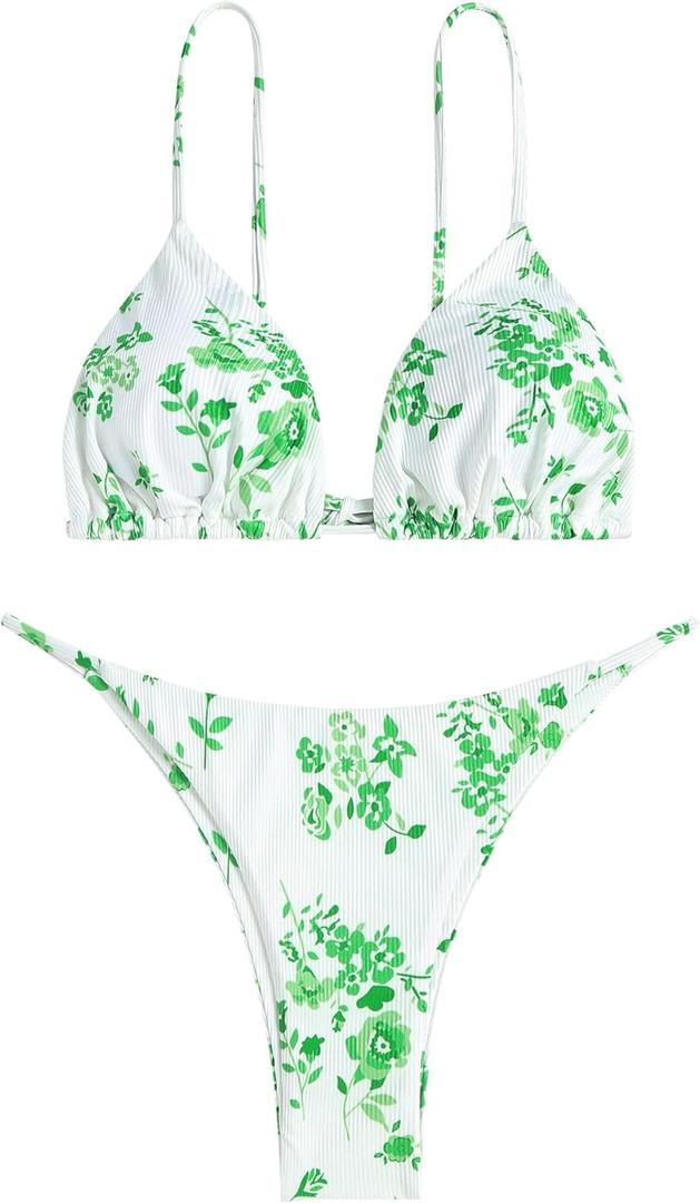 ZAFUL Women's Ditsy Floral Printed Swimsuit Underwired Knotted String Triangle Bikini High Cut Cheeky Bikini Set (X-Large, 132-green)