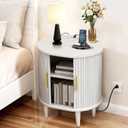 DHH Mid Century Modern Nightstand with Charging Station, Fluted Accent Side Table with Sliding Door & Adjustable Shelf, End Table for Small Space, Living Room, Bedroom,Sofa Couch(1, White)