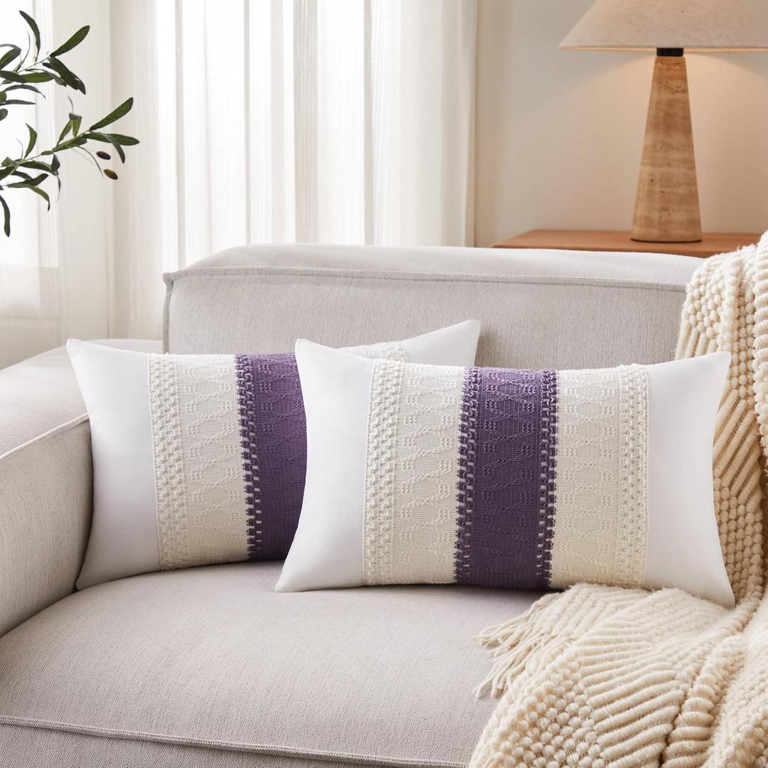 Soft Cotton Boho Lumbar Throw Pillow Covers Set of 2, Natural White/Contrast Purple 12x20 Inch, Purple Farmhouse Decorative Cushion Covers for Sofa Bed Living Room Home Decor