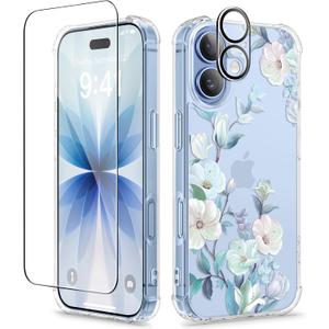 GVIEWIN for iPhone 17 Case, with Screen Protector+Camera Lens Protector, [NonYellowing] Clear Floral Slim Shockproof Protective Hard PC Back Women Phone Case for iPhone 17 6.3", Hibiscus