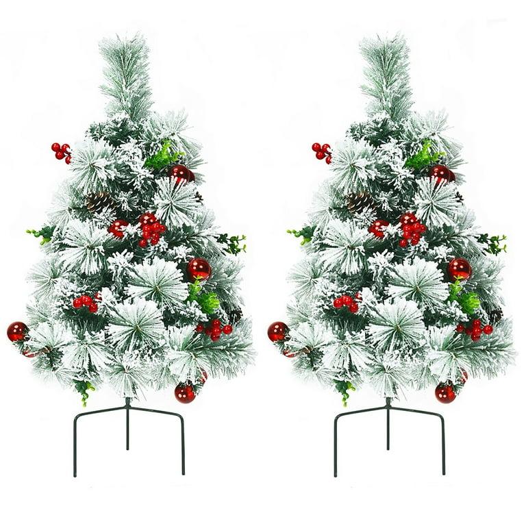 Set of 2 24in Battery Powered Pre-lit Pathway Flocked Christmas Trees Outdoor