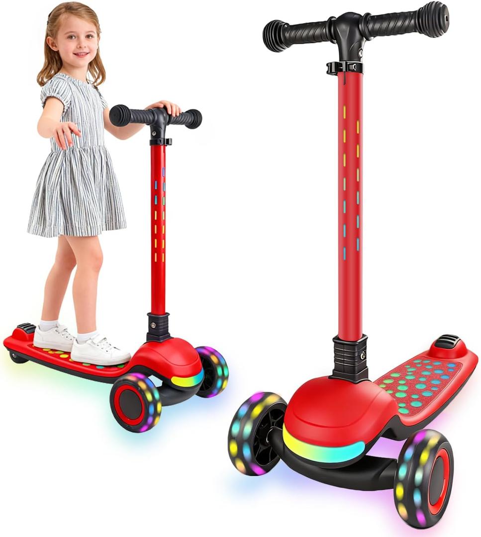 Light Up 3 Wheel Kick Scooter for Kids Toddlers with LED Sync Lights, Flashing Stem & Wide Polka Dot Deck Adjustable Height Music Function Safe Sturdy Folding Scooter for Kids