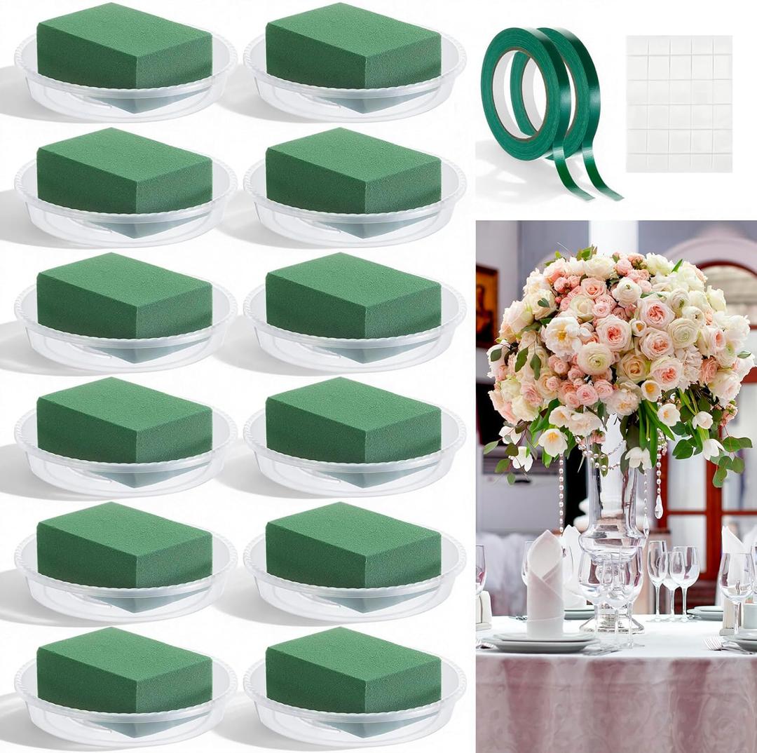 12 Pcs 6 Inch Clear Plastic Floral Foam Bowl with 12 Pcs Flower Foam for Flower Arrangements 2 Roll 32.8 yd Floral Tape 30 Gram White Adhesive for Tall Vases Centerpiece Table Party Wedding Decor