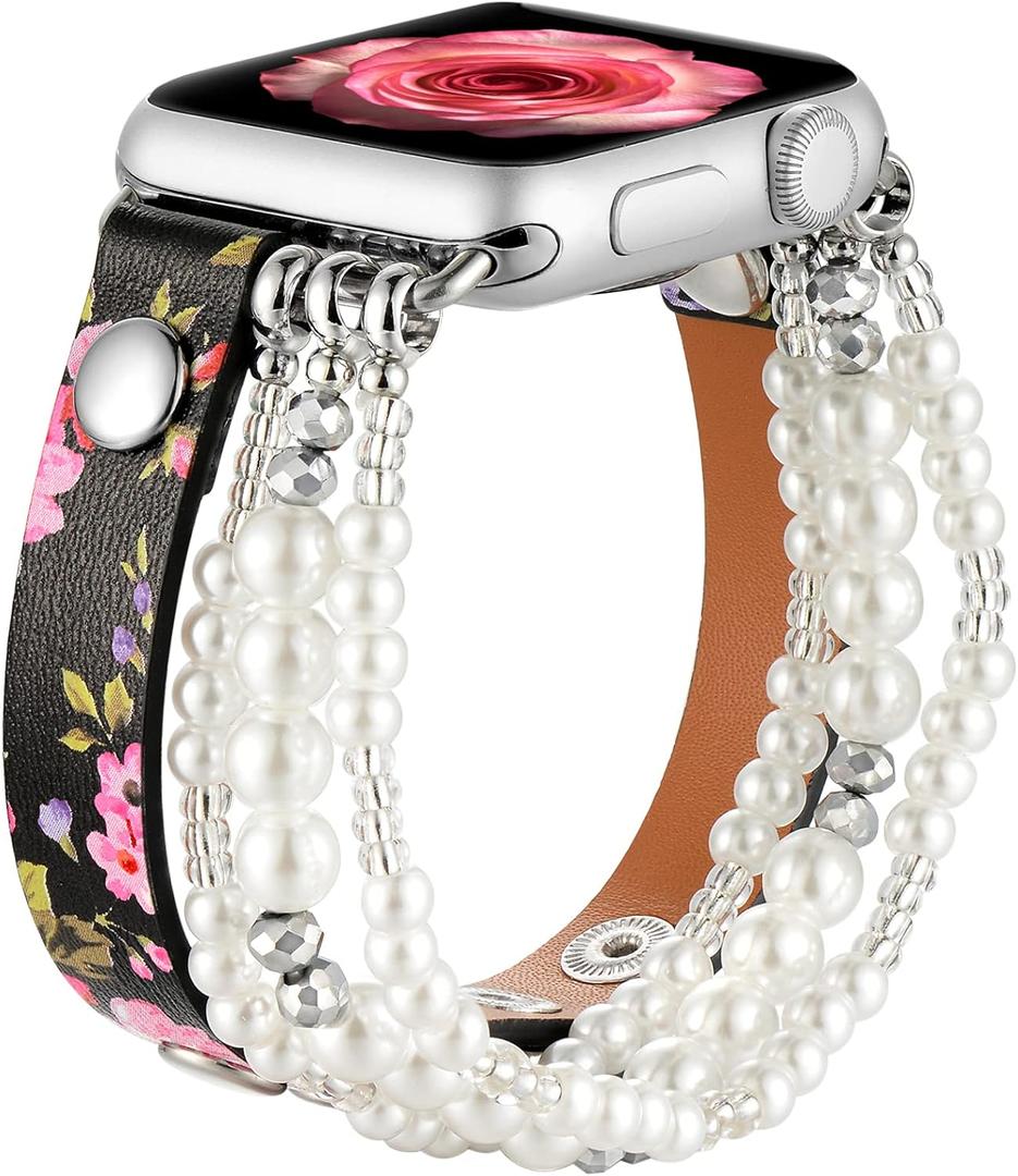 fastgo Leather Wrap Bracelet Band Compatible with Apple Watch 44mm 42mm 45mm 49mm Women,Elastic Beaded Pearl Bracelet Strap for Iwatch SE &Series 9 Ultra 8 7 6 5 4 3 2 1 Black Pink(42/44/45/49mm)