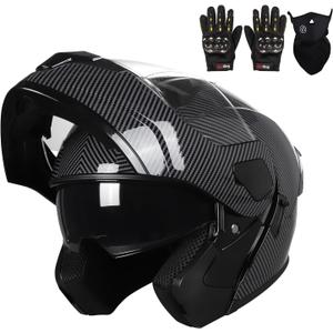 Adult Modular Motorcycle Helmets, DOT Approved Flip up Dual Visor Full Face Helmet for Men Women Moto ATV UTV Snowmobile ADV Four Wheeler Street Bike with Gloves & Mask (Wilderness Black, M)