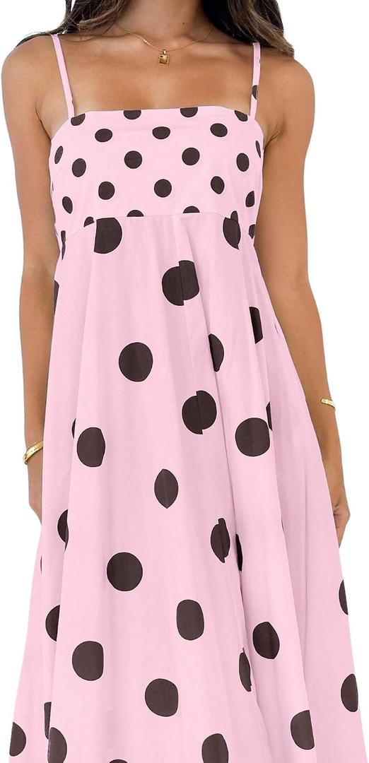 chouyatou Women's Elegant Polka Dot Maxi Dress Back Smocked Spaghetti Strap Ruffle Swing Long Dress with Pocketsб Size: X-Large