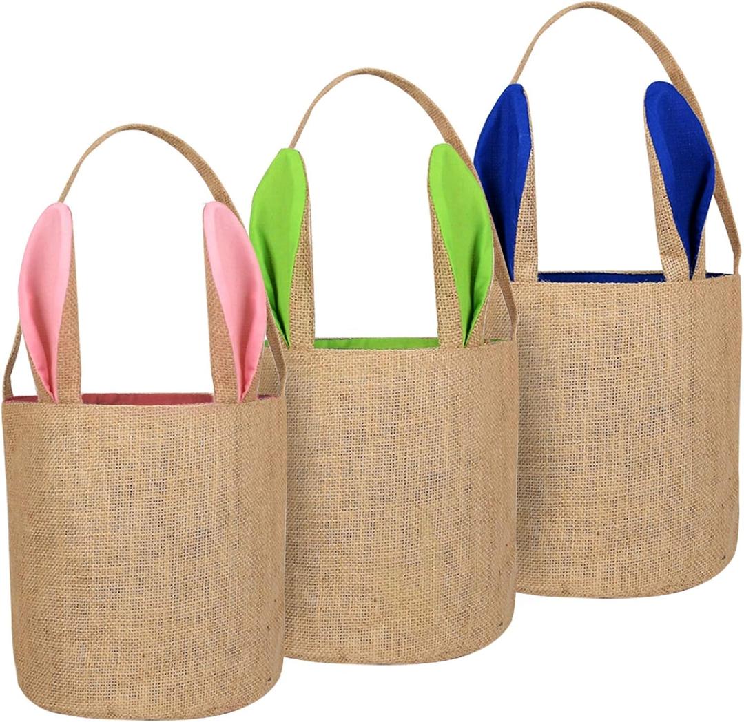 3 PCS Easter Eggs Hunt Basket for Kids Canvas Bunny Basket Egg Bags Rabbit Fluffy Tails Party Celebrate Decoration Gift Toys Carry Bucket Tote