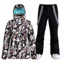 GSOU SNOW Womens Ski Jackets and Pants Snowboarding Snowsuit Coat Hooded Waterproof Windproof Insulated,Purple Flower Black,XL