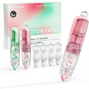 Four Candies Refillable Retractable White Correction Tape, 2PCS White Cute Smooth Push Pull Out Tape with 4 Extra Refills, Pen Shaped Applicator for School Office Supplies (Pink Green)