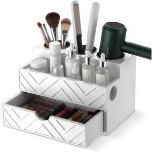Hair Tool Organizer with Drawer, Hair and Makeup Bathroom Vanity Organizers and Storage Fits Blow Dryer, Curling Iron, Makeup Brushes, Skincare, Hot Tools Organizer for Tidy Counter(White)