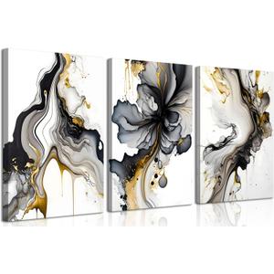 3Pcs Framed Black and Gold Abstract Wall Art, Modern Grey and Gold Marble Fluid Canvas Wall Art Prints Posters Wall Decor Pictures for Living Room Bedroom Office Home Decoration,Ready to hang (12x16in)