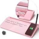 TOWON Desktop Glass Whiteboard with Charger Pad, Small Desk Whiteboard - Glass Dry Erase White Board- Desk Computer Buddy with Storage, Mirror and Charging Station, Pink, 17 x 6 in