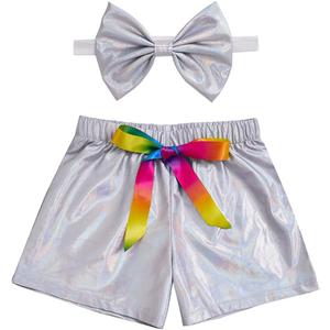 Baby Girls Metallic Shorts Sparkle Shiny Toddler Shorts PU Faux Leather Elastic Waist with Cute Headbands (8 Years, Metallic Rainbow Silver)