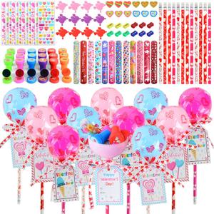 Valentines Day Gifts for Kids, 24 Pack Valentines Stationery Set, Giant Lollipop Party Favors with Pencils Stickers Erasers Stampers, Goodie Bag School Rewards Classmate Exchange Gifts for Boys Girls