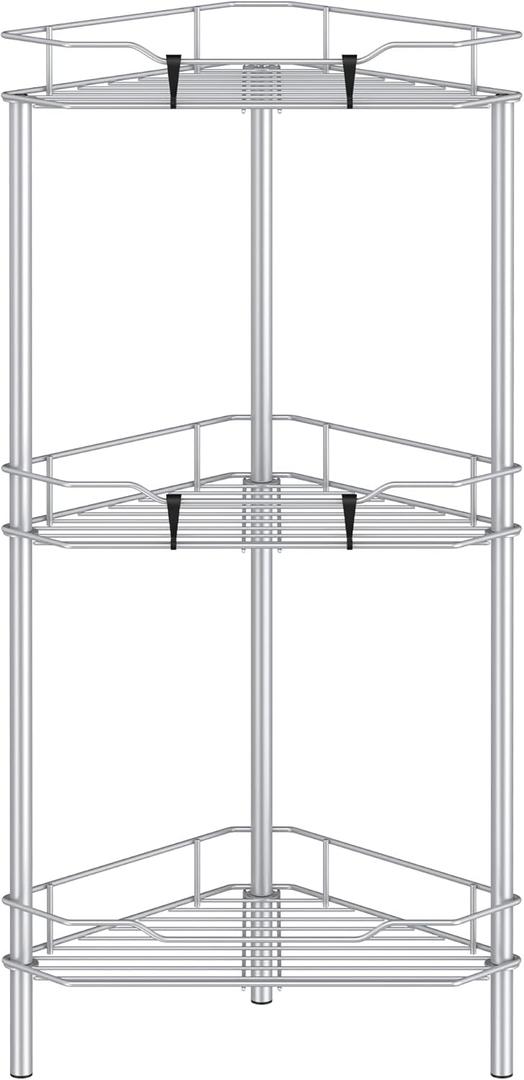 HuggieGems 3 Tier Floor Standing Corner Shower Caddy Organizer Shelf with Hooks, Bathroom Shelves Stand Rack, Silver