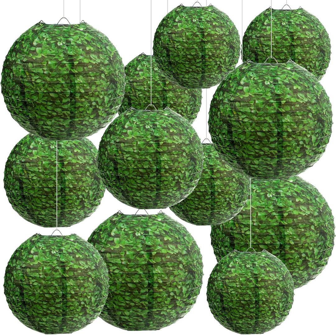 ROCEEI 12 Pcs Boxwood Hanging Paper Lanterns Back to School Hanging Decorations First Day of School Round Green Paper Lanterns for Celebrating Welcome Back to Classroom Supplies, 8, 10, 12 Inches